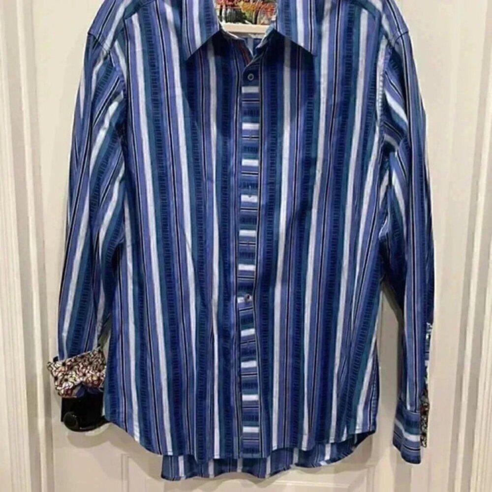 ROBERT GRAHAM BLUE STRPPED LONG SLEEVE SHIRT SIZE XL WORK WEDDING DATE CASUAL